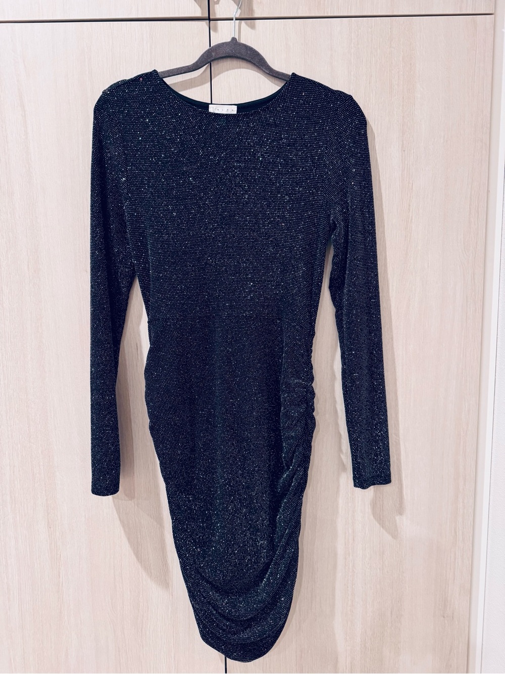Leith Black Sparkle Ruched Long-Sleeve Dress Sz S